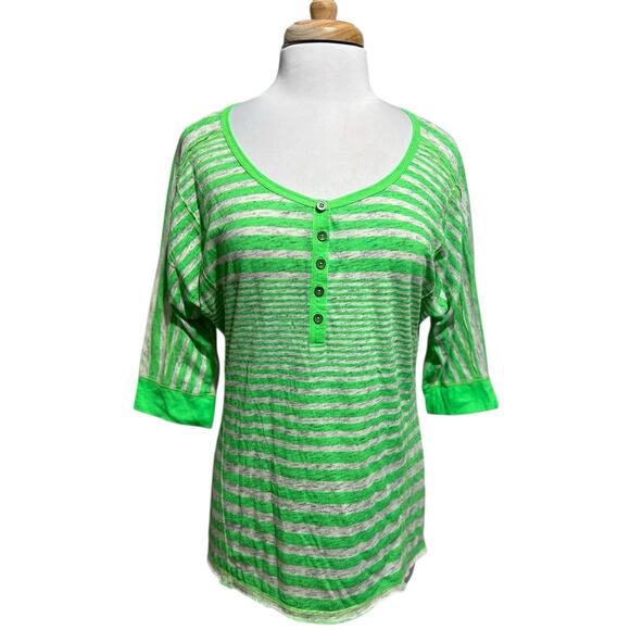 UnionBay Vtg Y2K Neon Green Stripe Henley 3/4 Sleeve Shirt Women's L - Picture 1 of 6